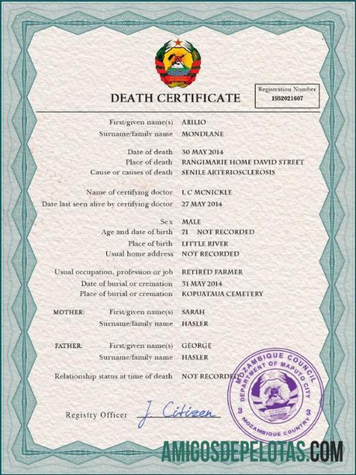 Imprimível modelo PSD de certidão de óbito de registro vital de Moçambique